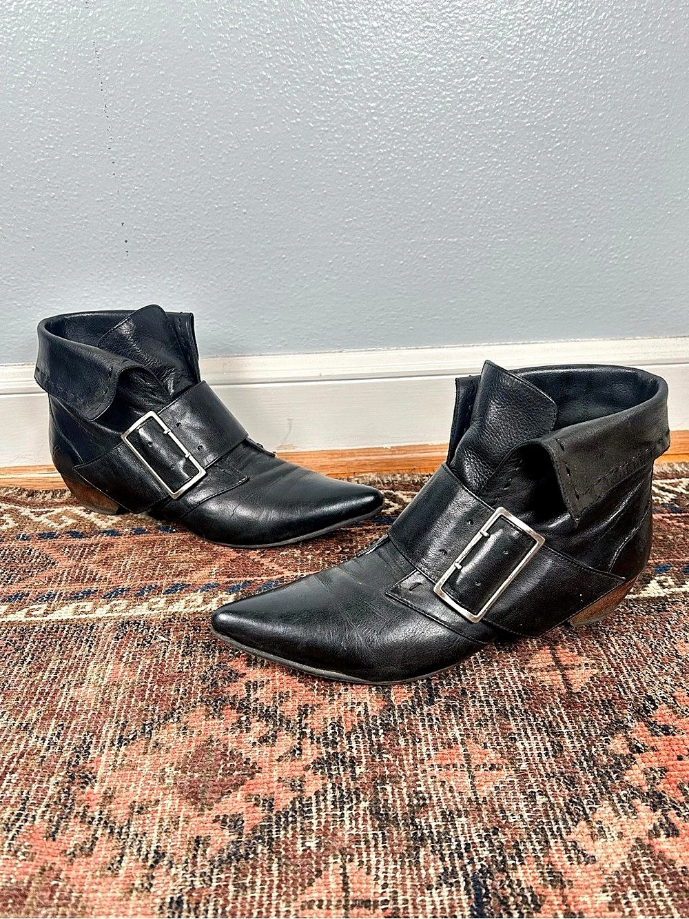John Fluevog Melissa Black Buckle Leather Ankle Boots